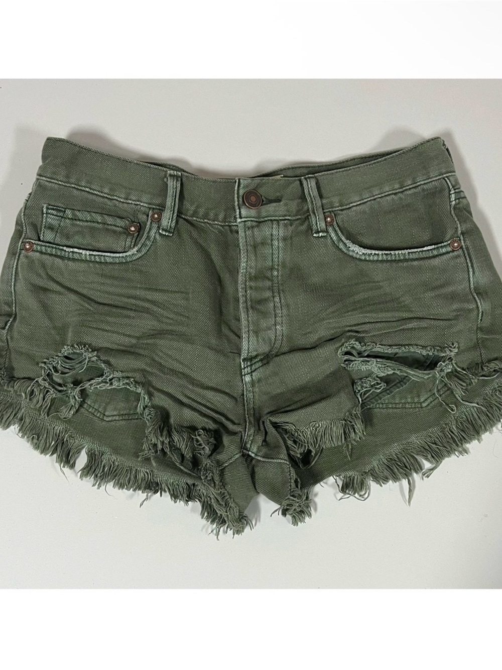 Free People Olive Distressed Jean Denim Shorts Bottoms Size 25 ✨ #shorts #casual